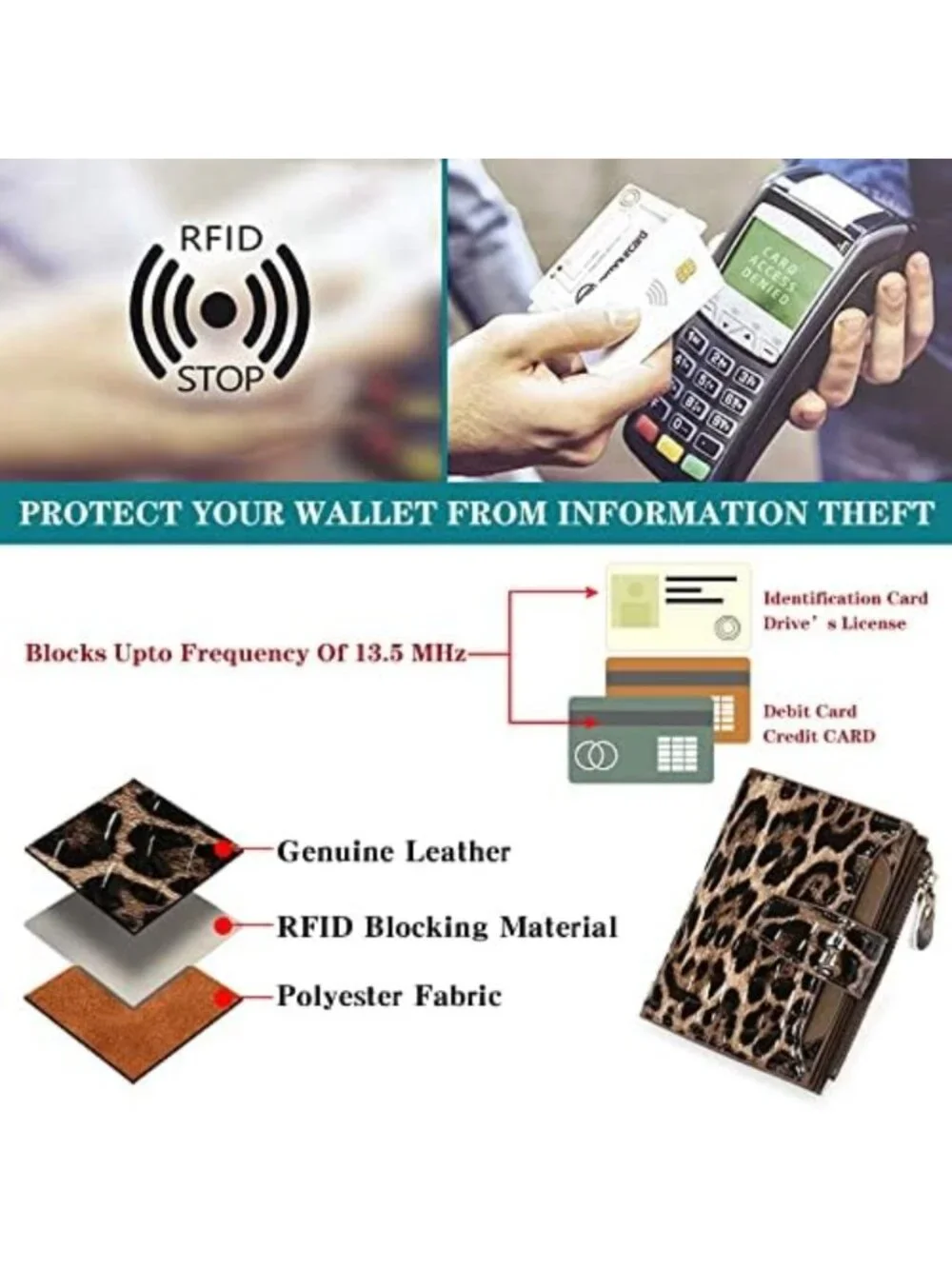 Stylish Leather Women's Wallet - RFID Blocking, Leopard Print Credit Card Holder
